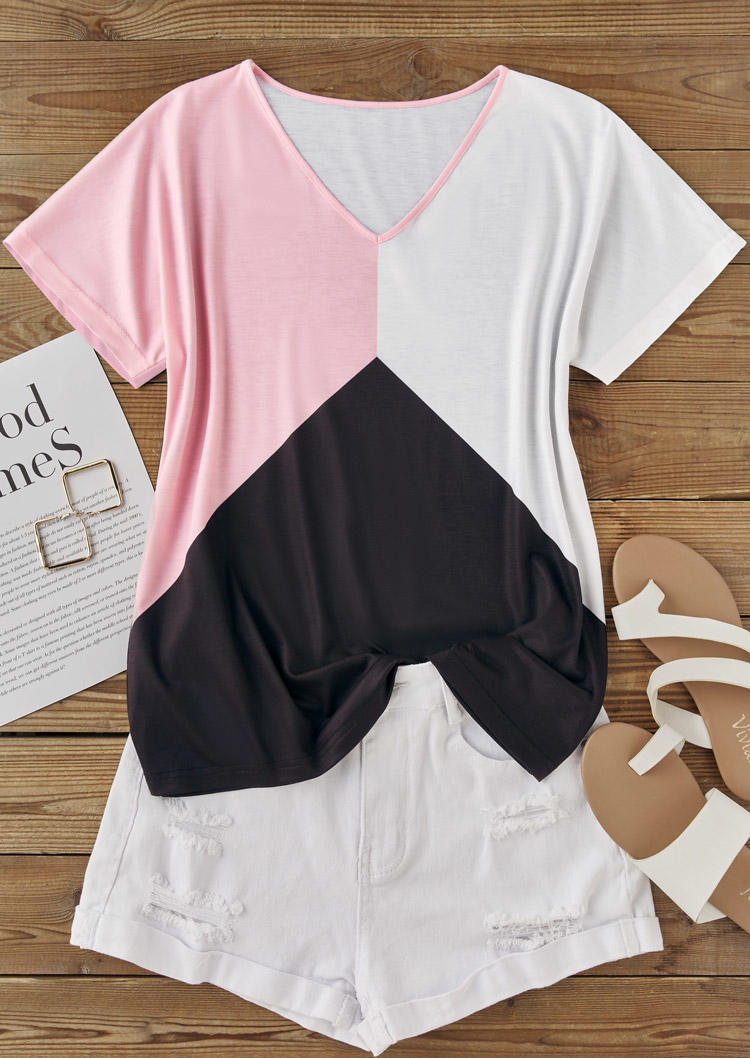 

Blouses Color Block Short Sleeve V-Neck Blouse in Multicolor. Size: L,M,,XL