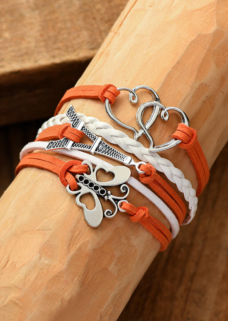 

Bracelet Butterfly Heart Multi-Layered Braided Bracelet in Orange. Size