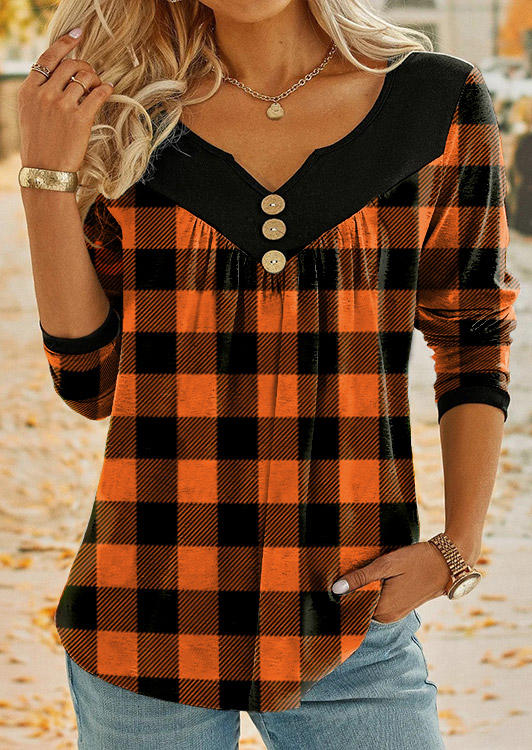 

Blouses Plaid Button Ruffled Long Sleeve Blouse in Multicolor. Size: L,,XL