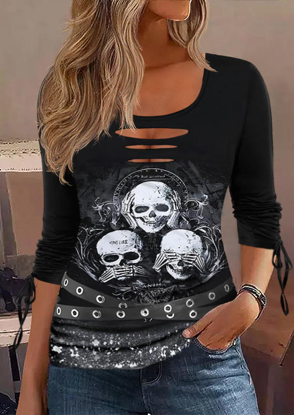 

Blouses Skeleton Hand Hollow Out Drawstring Blouse without Eyelet Belt in Black. Size: L,M,,XL