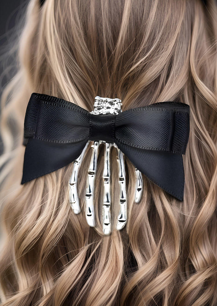 

Halloween Skeleton Bowknot Hand Hairpin in Black. Size