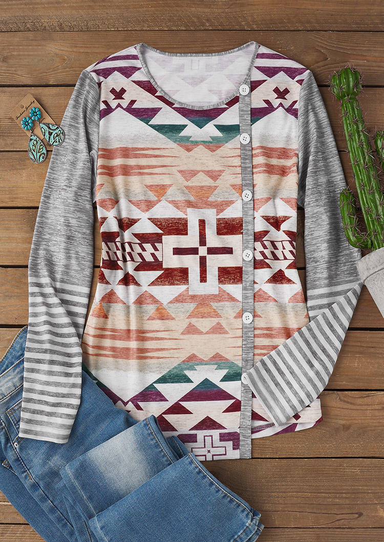 

Blouses Aztec Geometric Striped Side Button Blouse in Multicolor. Size: L,M,,XL