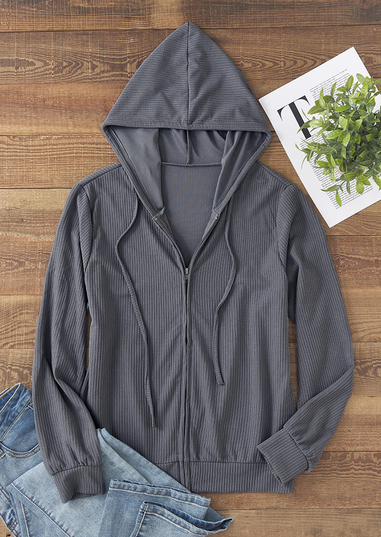 

Hoodies Ribbed Zipper Long Sleeve Hoodie in Gray. Size: L,M