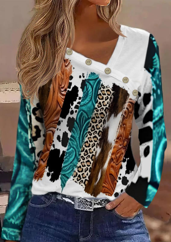 Leopard Cow Button Slash Neck Blouse