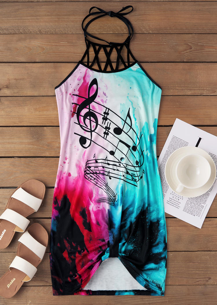 

Mini Dresses Tie Dye Musical Note Criss-Cross Hollow Out Open Back Halter Mini Dress in Multicolor. Size: L,M,,XL