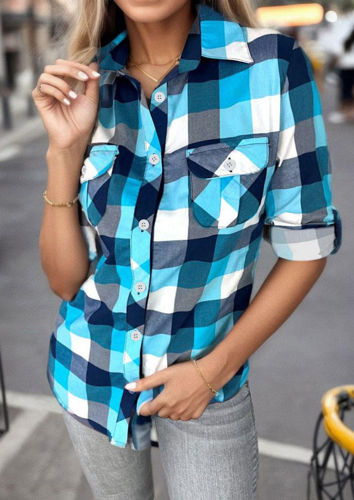 

Shirts Plaid Button Pocket Turn-Down Collar Shirt in Multicolor. Size: L,M