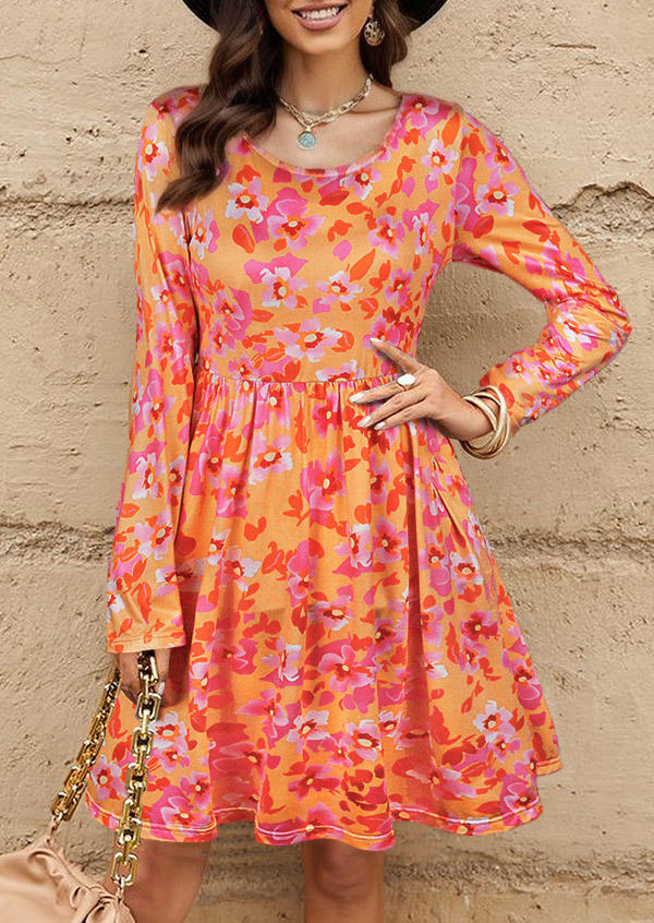 Floral Ruffled Tie Open Back Long Sleeve Mini Dress