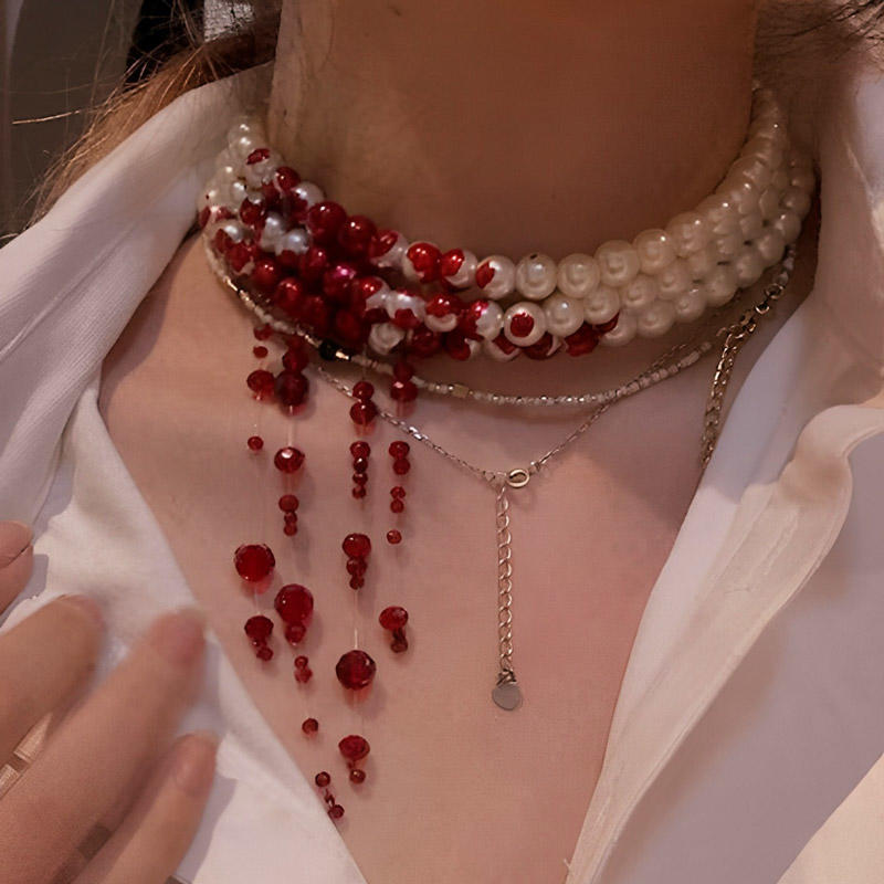 Halloween Blood Drop Pearl Tassel Choker Necklace