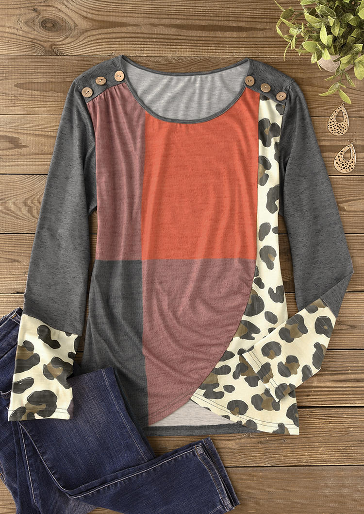 

Blouses Leopard Color Block Button Ruffled Blouse in Multicolor. Size