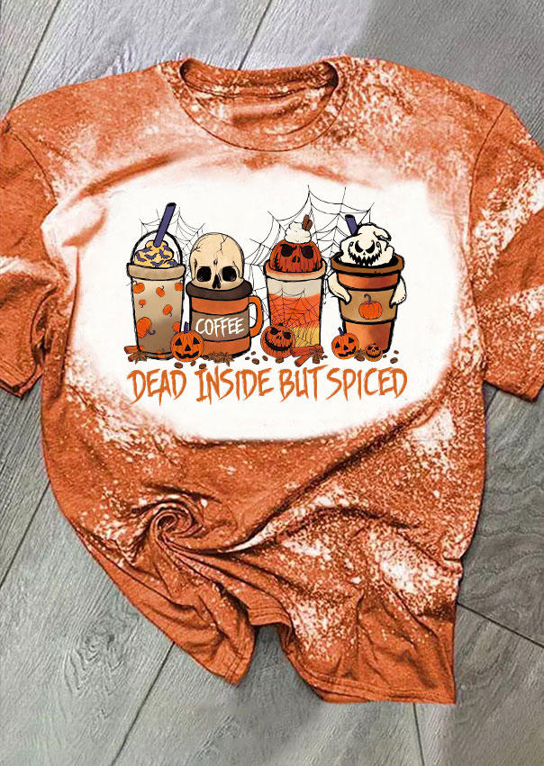 

T-shirts Tees Halloween Dead Inside Blit Spiced Pumpkin Face Coffee Bleached T-Shirt Tee in Orange. Size: M