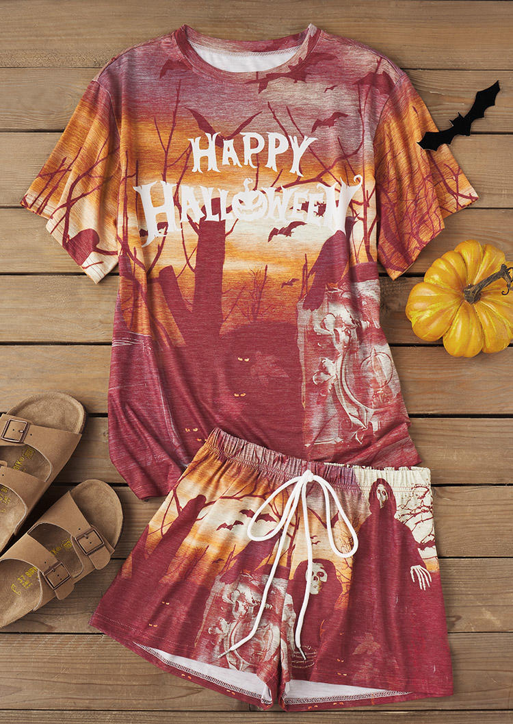 

Sleepwear Happy Halloween Pumpkin Face Blouse And Skull Shorts Pajamas Set in Multicolor. Size: ,XL