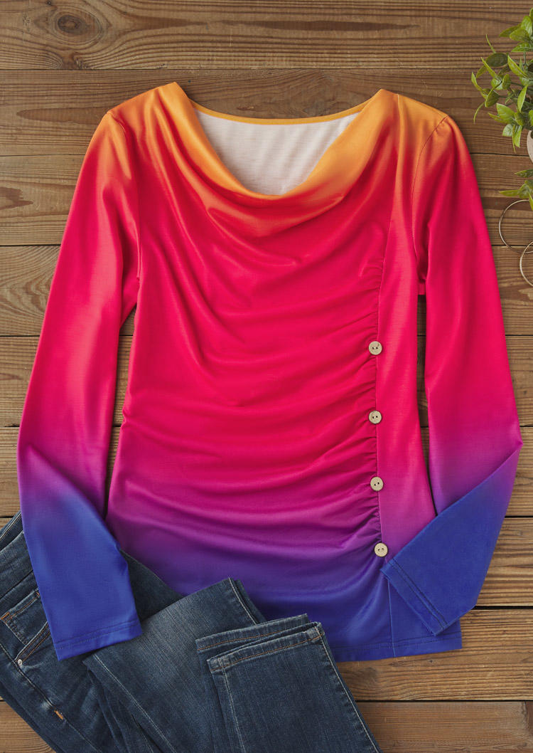 

Blouses Gradient Ruched Button Cowl Neck Blouse in Multicolor. Size: L,M,,XL