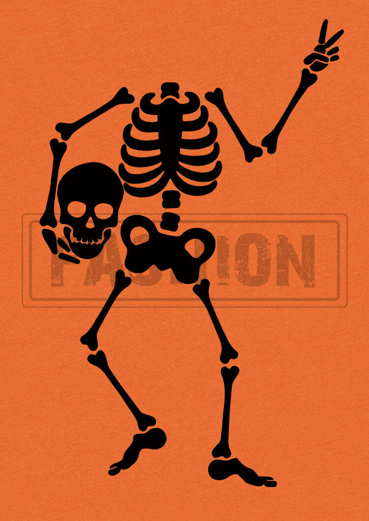 Halloween Skeleton O-Neck T-Shirt Tee - Orange