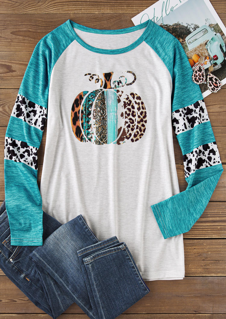 

T-shirts Tees Leopard Cow Pumpkin Long Sleeve O-Neck T-Shirt Tee in Blue. Size: L,M,,XL
