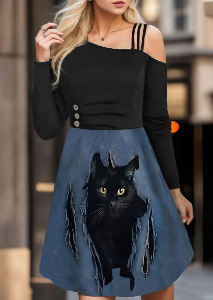 

Mini Dresses Halloween Black Cat One Sided Cold Shoulder Mini Dress in Multicolor. Size: L,M,,XL