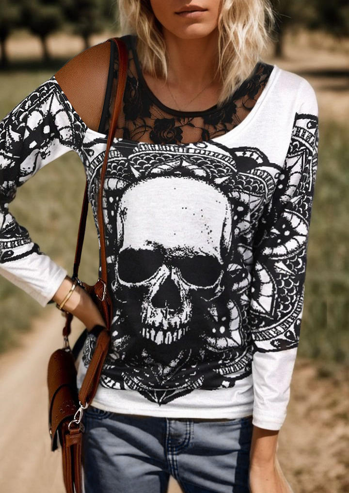 

Blouses 2Pcs Halloween Skull Gothic Blouse And Lace Tank in Black. Size: L,M,,XL