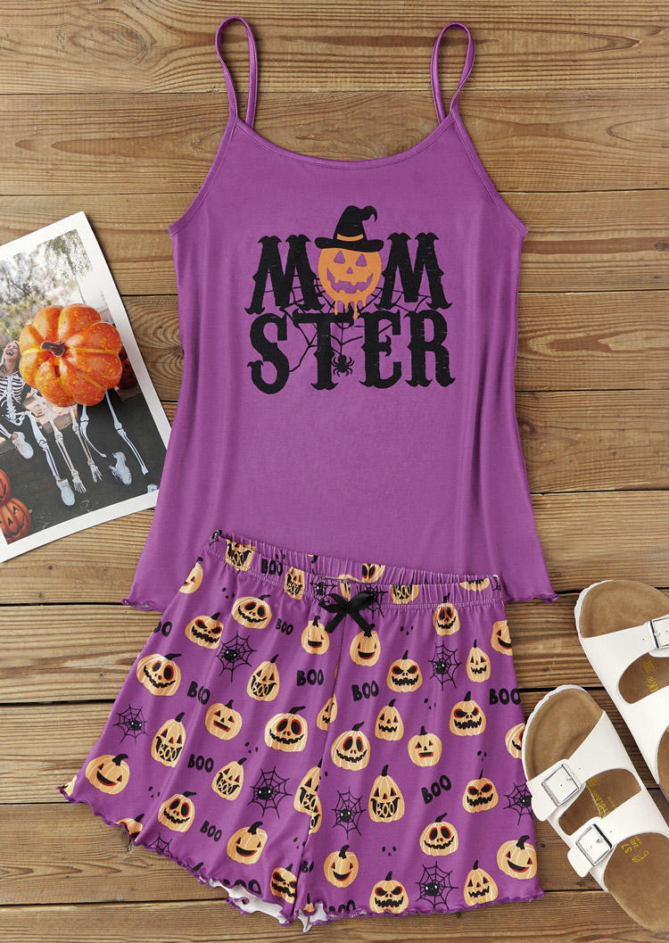 

Sleepwear Halloween Pumpkin Face Camisole And Boo Spider Shorts Pajamas Set in Purple. Size: L,M,,XL