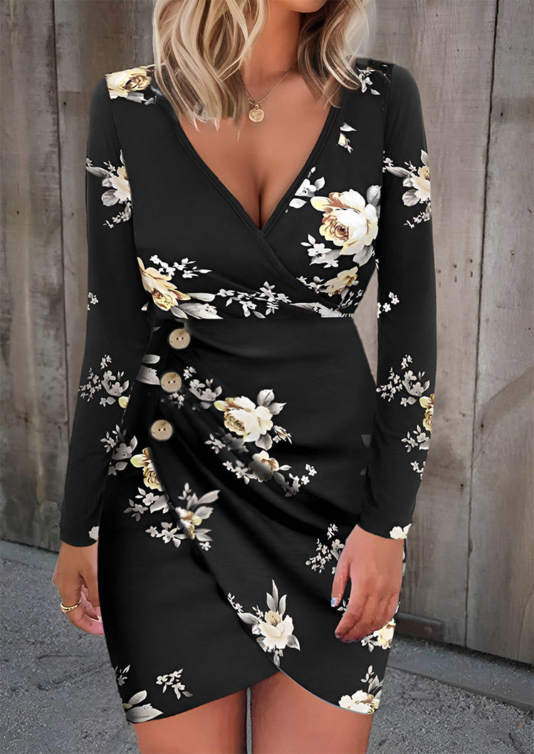 Floral Wrap Button Long Sleeve Bodycon Dress