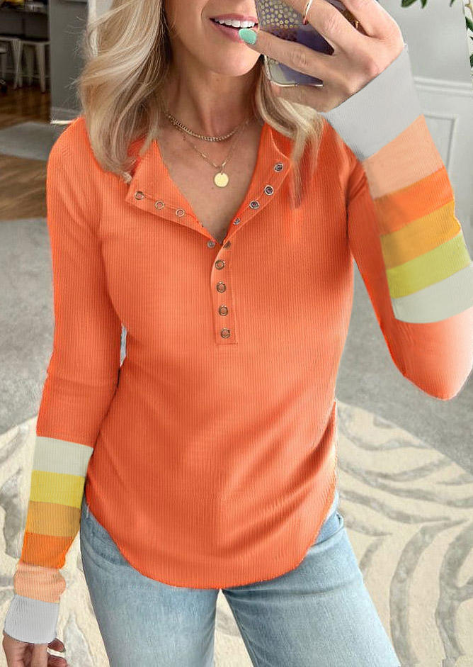Striped Snap Button Long Sleeve Blouse - Orange