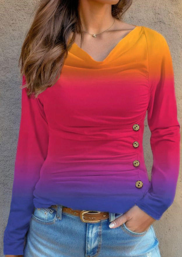 Gradient Ruched Button Cowl Neck Blouse