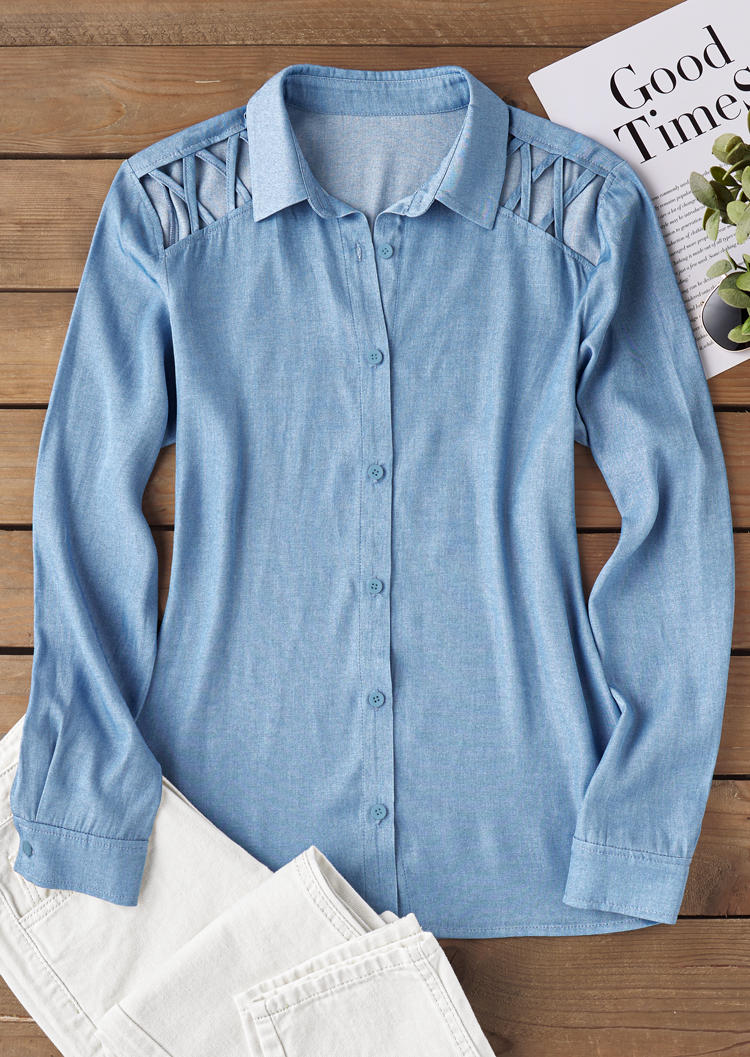 

Shirts Criss-Cross Cut Out Long Sleeve Shirt - Light Blue in Blue. Size: L,M,,XL