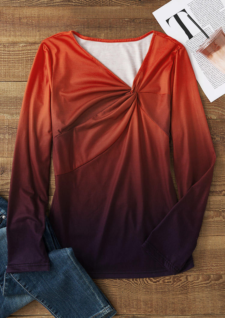 

Blouses Ombre Front Twist Ruched Long Sleeve Blouse in Multicolor. Size: L,M,,XL