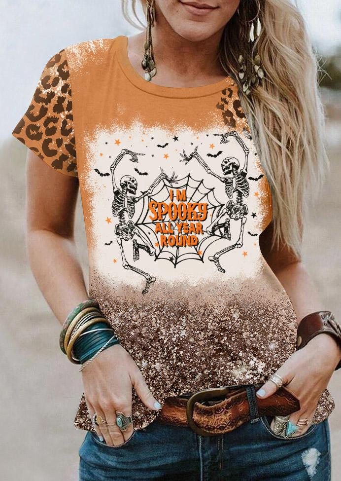 

T-shirts Tees Halloween I'm Spooky All Year Round Skeleton Leopard T-Shirt Tee in Orange. Size: L,M,,XL