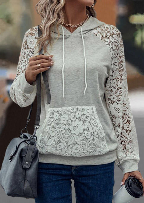 

Hoodies Lace Splicing Kangaroo Pocket Hoodie in Gray. Size: L,M,,XL