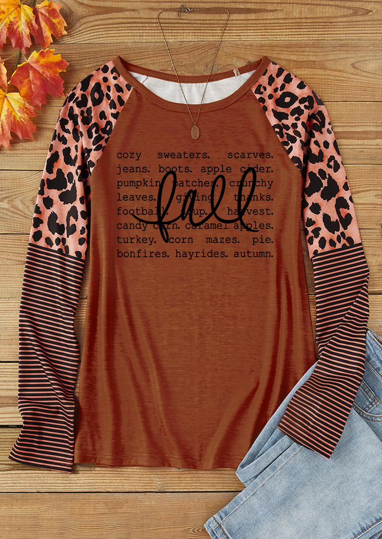 

T-shirts Tees Fall Cozy Leopard Striped Raglan Sleeve T-Shirt Tee - Brick Red in Red. Size