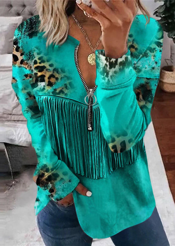 Leopard Fake Tassel Zipper Collar Blouse - Green