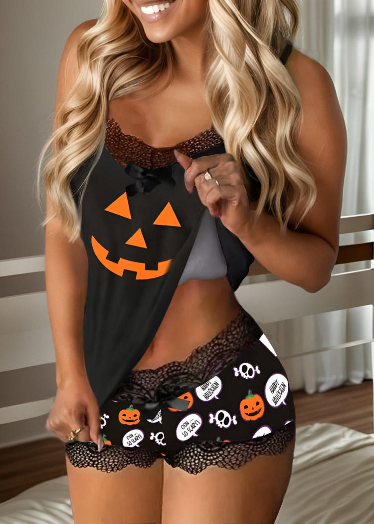 

Sleepwear Halloween Pumpkin Face Lace Camisole And Shorts Pajamas Set in Black. Size