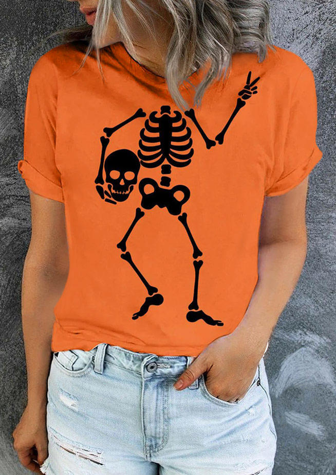 Halloween Skeleton O-Neck T-Shirt Tee - Orange