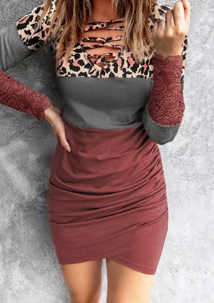 Color Block Leopard Lace Criss-Cross Wrap Bodycon Dress