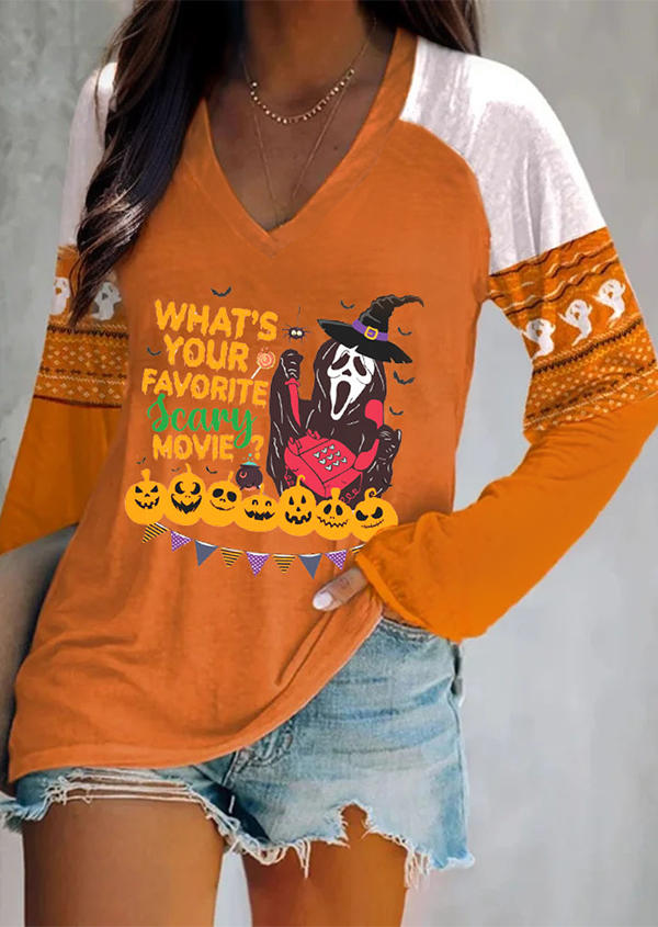Halloween What's Your Favorite Scary Movie Ghost Face T-Shirt Tee - Orange