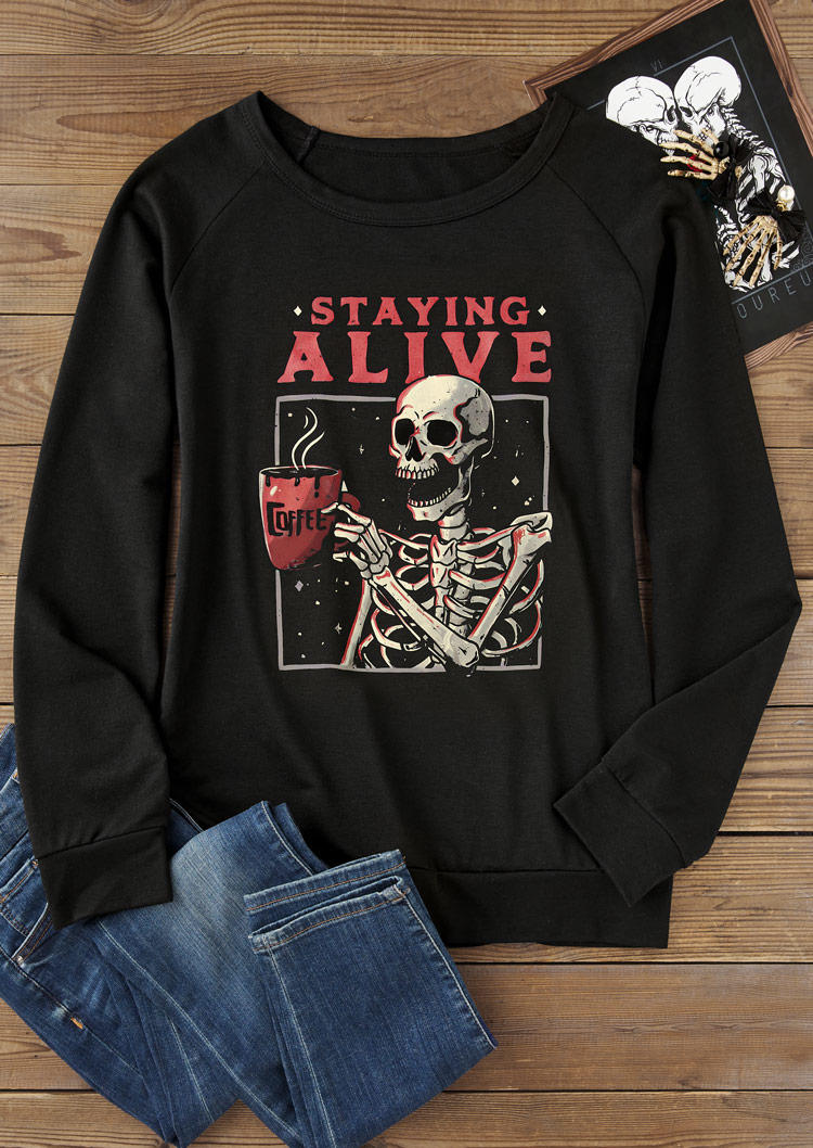 

Sweatshirts Staying Alive Coffee Skeleton Sweatshirt in Black. Size: L,M,,XL