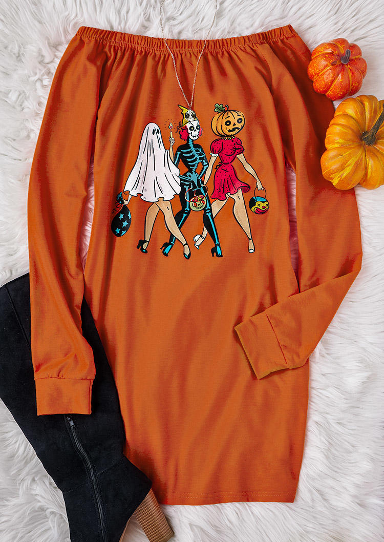 

Sweatshirt Dresses Halloween Pumpkin Face Skeleton Sweatshirt Dress in Orange. Size: L,M,,XL