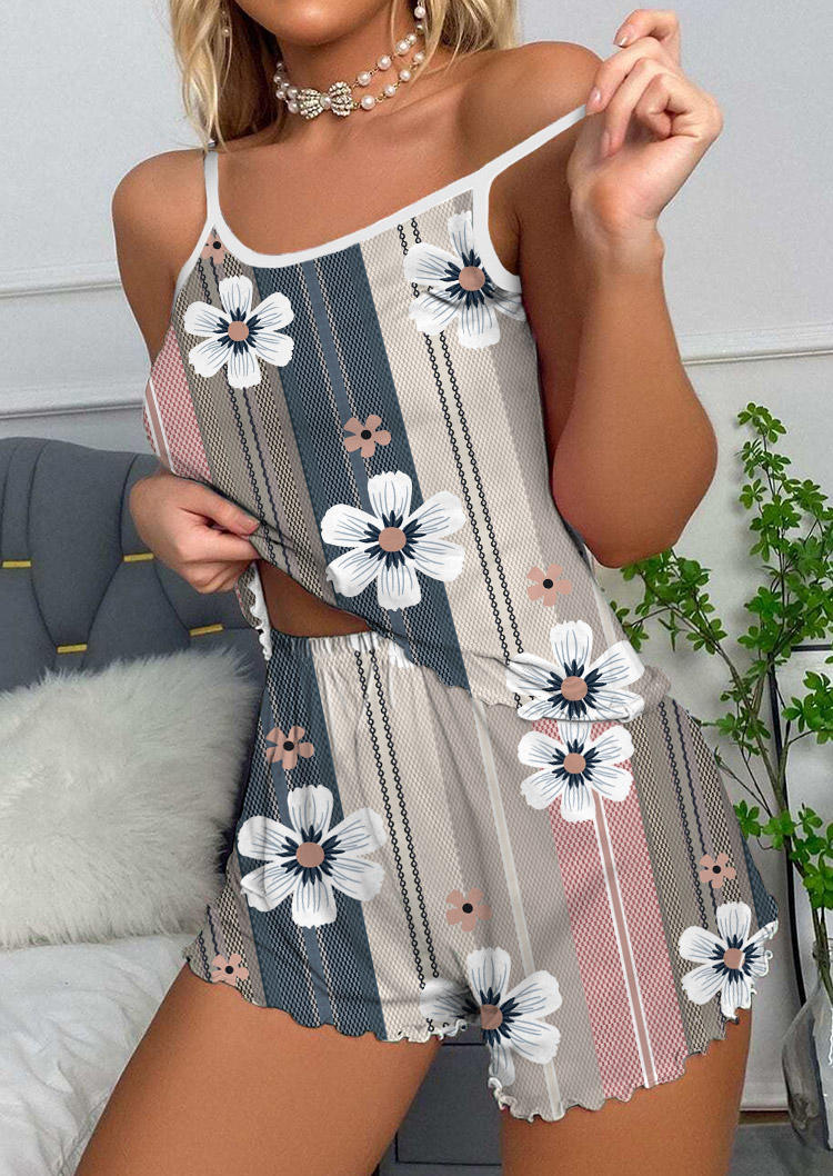 

Sleepwear Floral Vertical Striped Camisole And Shorts Pajamas Set in Multicolor. Size: L,M,,XL