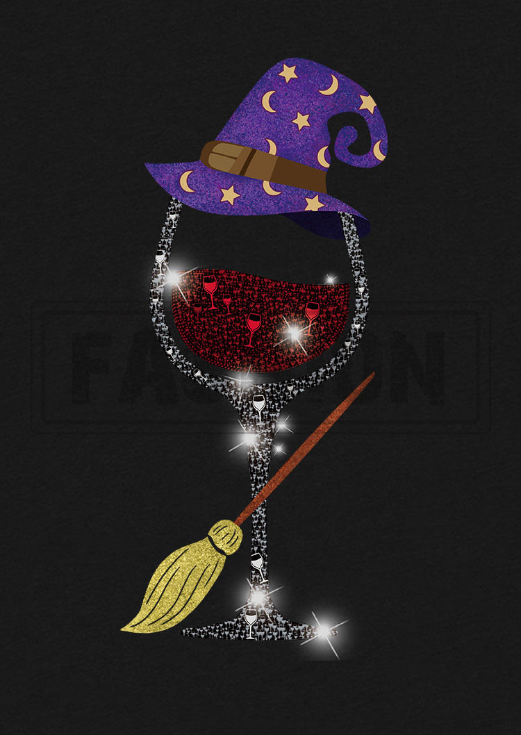 Halloween Witch Hat Wine Glass T-Shirt Tee - Black