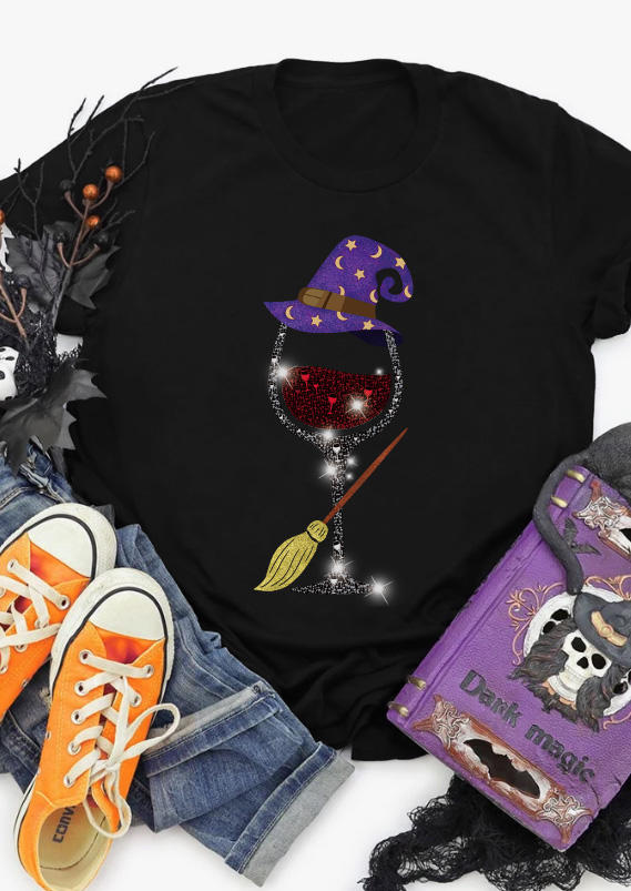 

T-shirts Tees Halloween Witch Hat Wine Glass T-Shirt Tee in Black. Size: ,XL