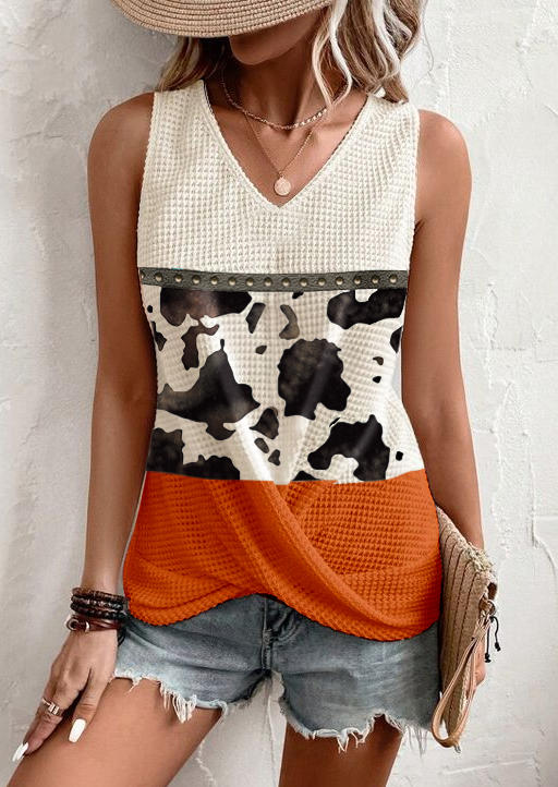 

Tank Tops Cow Color Block Twist Waffle V-Neck Tank Top in Multicolor. Size: L,M,,XL