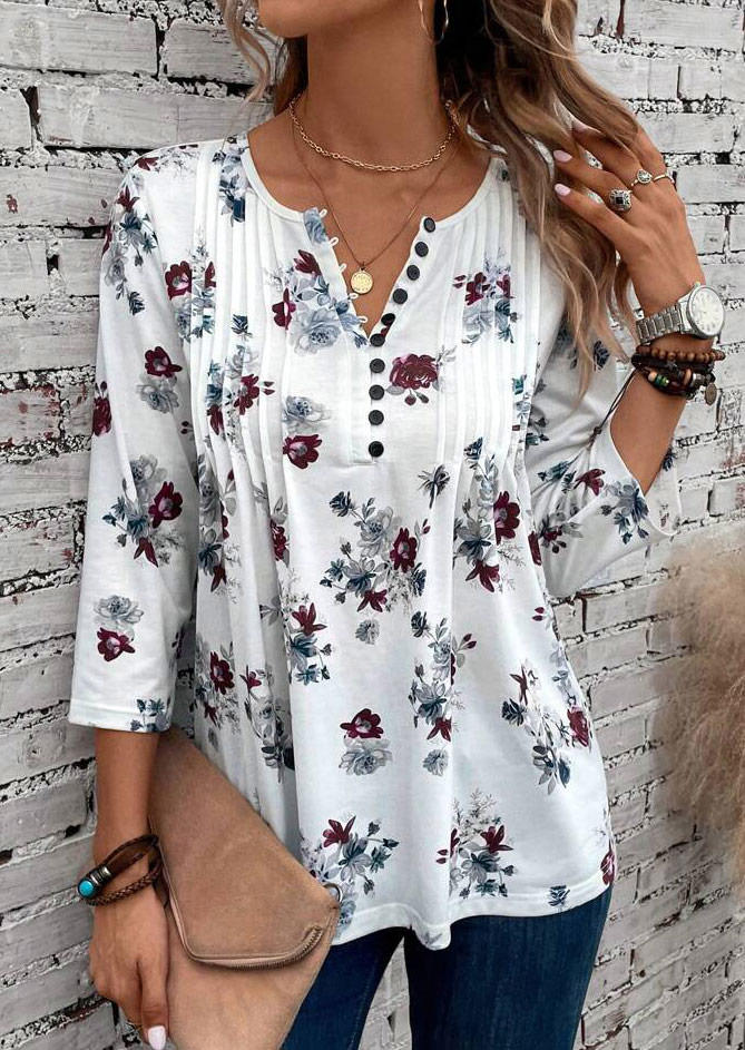 Floral Button Ruffled Blouse - White