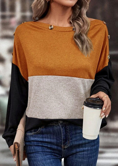 Color Block Button Long Sleeve Blouse