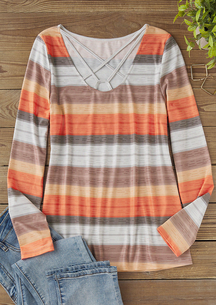 

Blouses Colorful Striped Criss-Cross Long Sleeve Blouse in Multicolor. Size: M