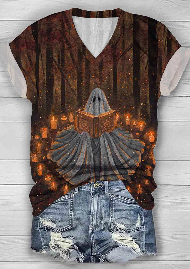 Halloween Ghost V-Neck T-Shirt Tee
