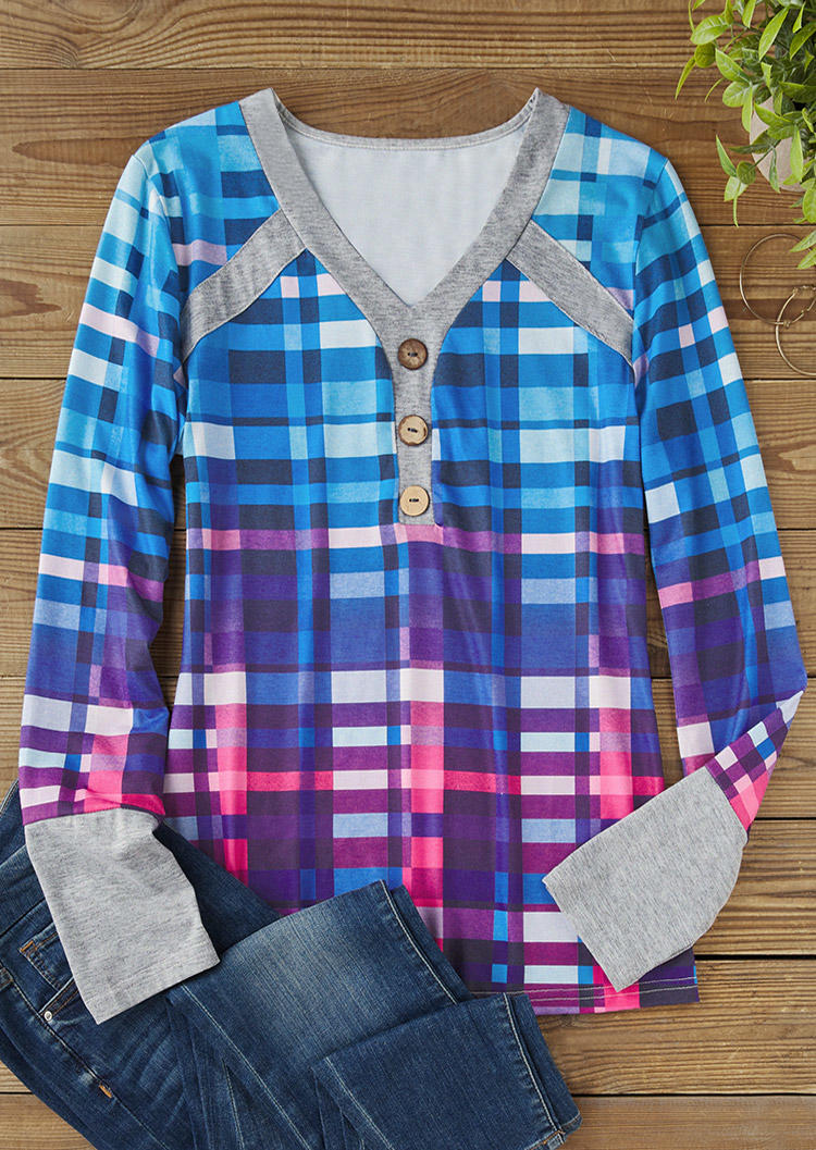 

Blouses Plaid Button Long Sleeve V-Neck Blouse in Multicolor. Size: L,M