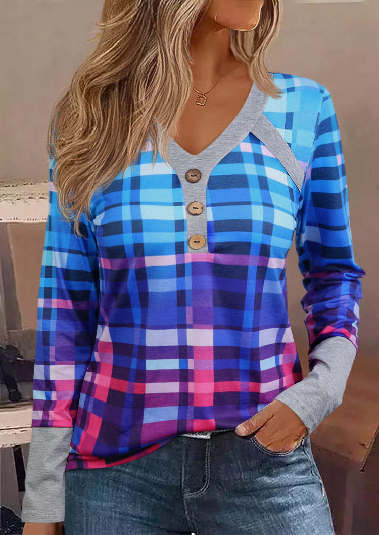 Plaid Button Long Sleeve V-Neck Blouse