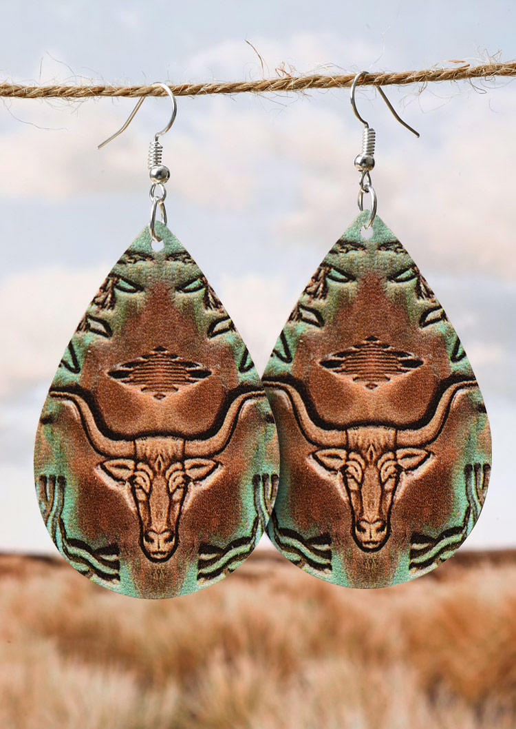 Steer Skull Abstract Graphic Leather Western Earrings