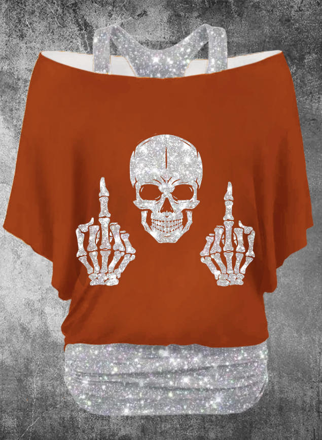 

Blouses Halloween Skeleton Hand Cold Shoulder Fake Two-Piece Blouse - Brick Red in Red. Size: L,M,,XL