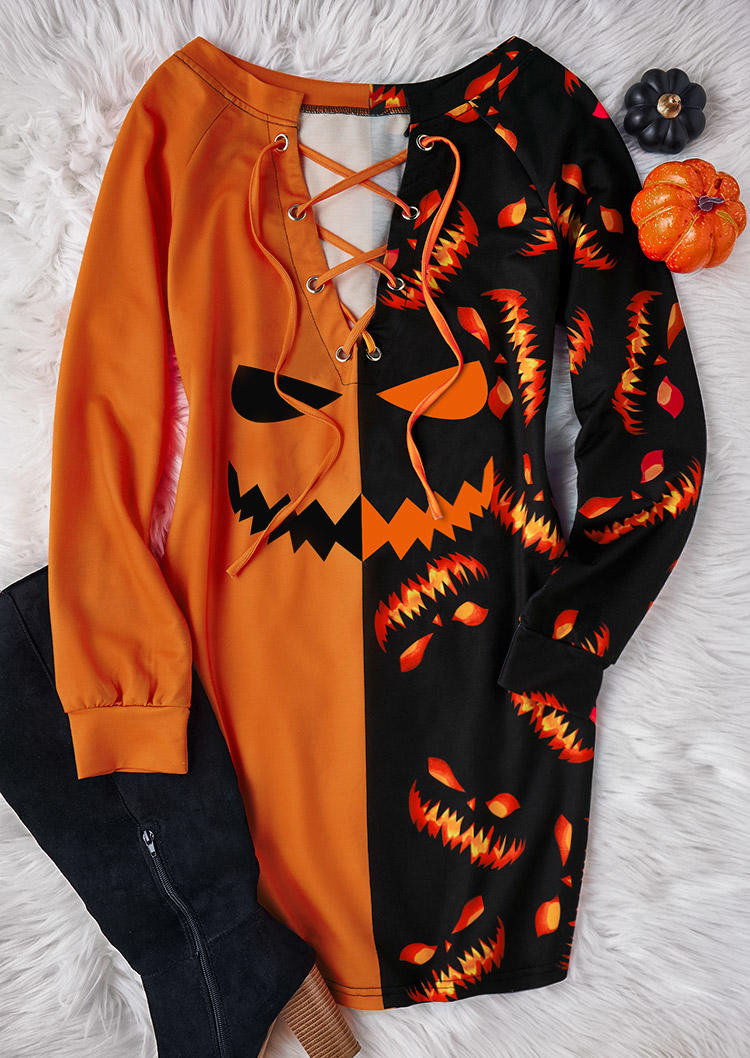 

Sweatshirt Dresses Halloween Color Block Pumpkin Face Eyelet Lace Up Sweatshirt Dress in Black. Size