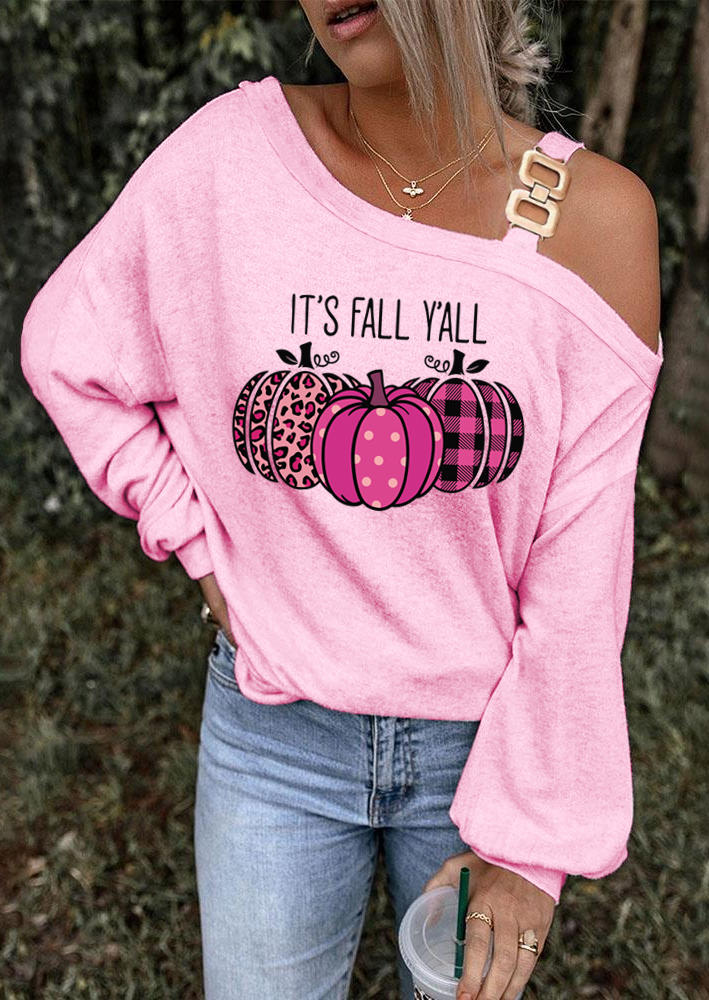 It's Fall Y'all Pumpkin Leopard Plaid One Sided Cold Shoulder Blouse - Pink